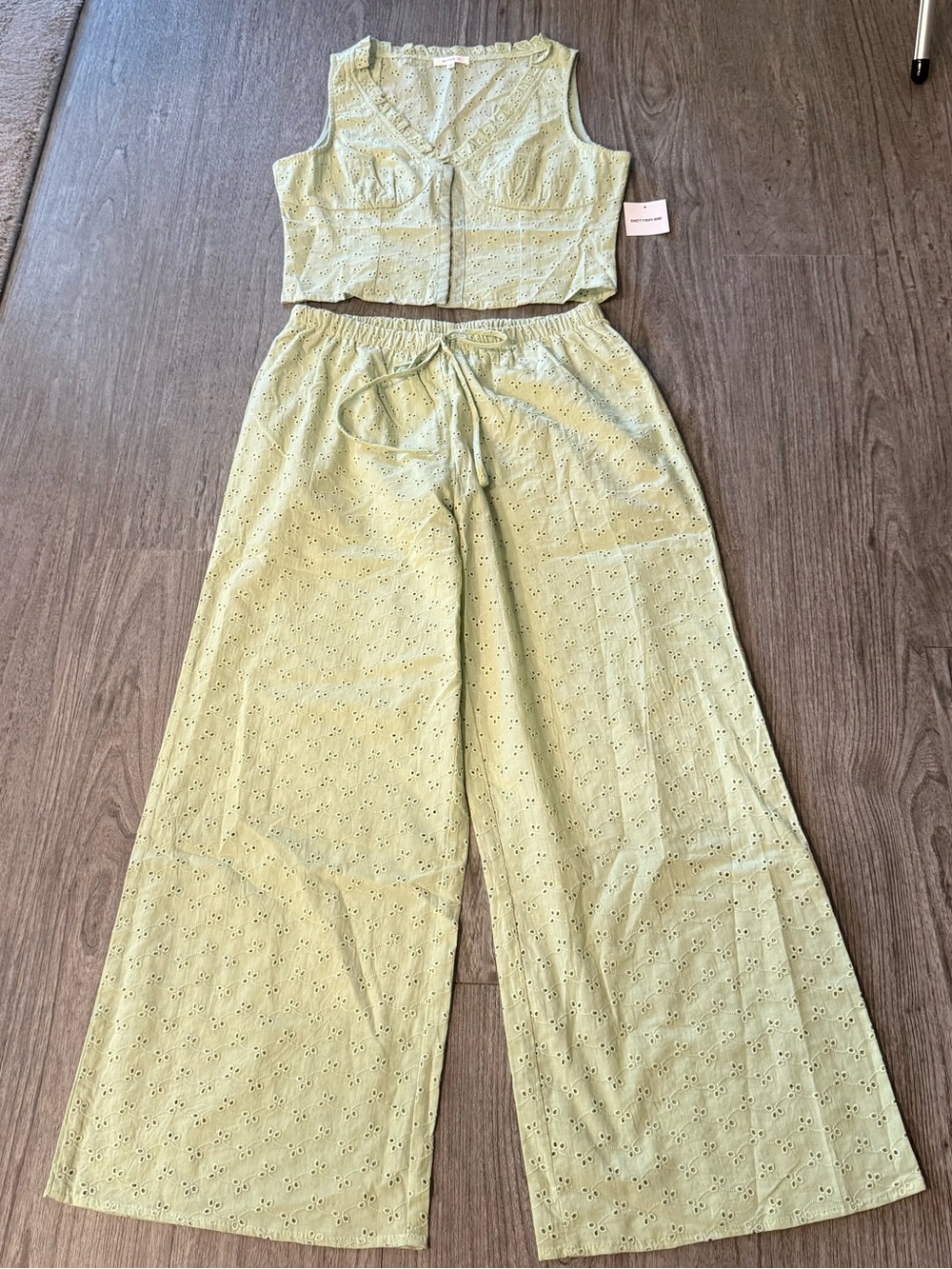 Better Be Light Green Eyelet Wide-Leg Two-Piece Set NWT